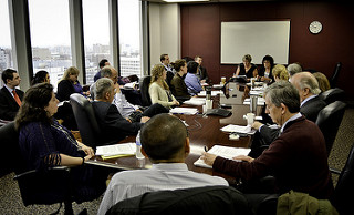 Chairwoman Linn Torto (at head of table, right) leads the first meeting of the Commission, May 25, 2017. Photo by Lucyus Fevrier, some rights reserved. 