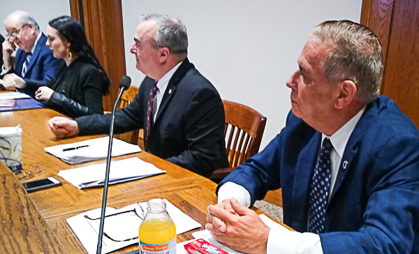 Members of the Joint Committee on Housing Hear Testimony. From Left, Chair Kevin Honan, Legislative Aide Taylor Trenchard, Representative David DeCoste, Representative Alan Silvia