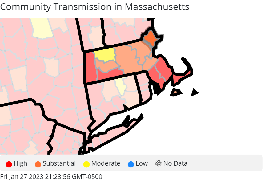 Map of Massachusetts showing community transmission levels