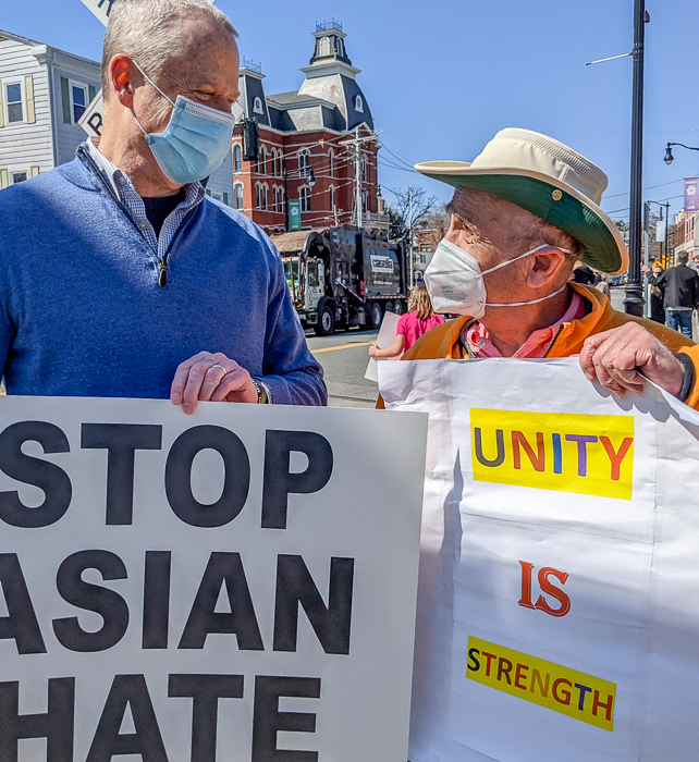 Governor Baker and Jerry Halberstadt join against hatred of Americans of Asian descent in Peabody Square on March 27
