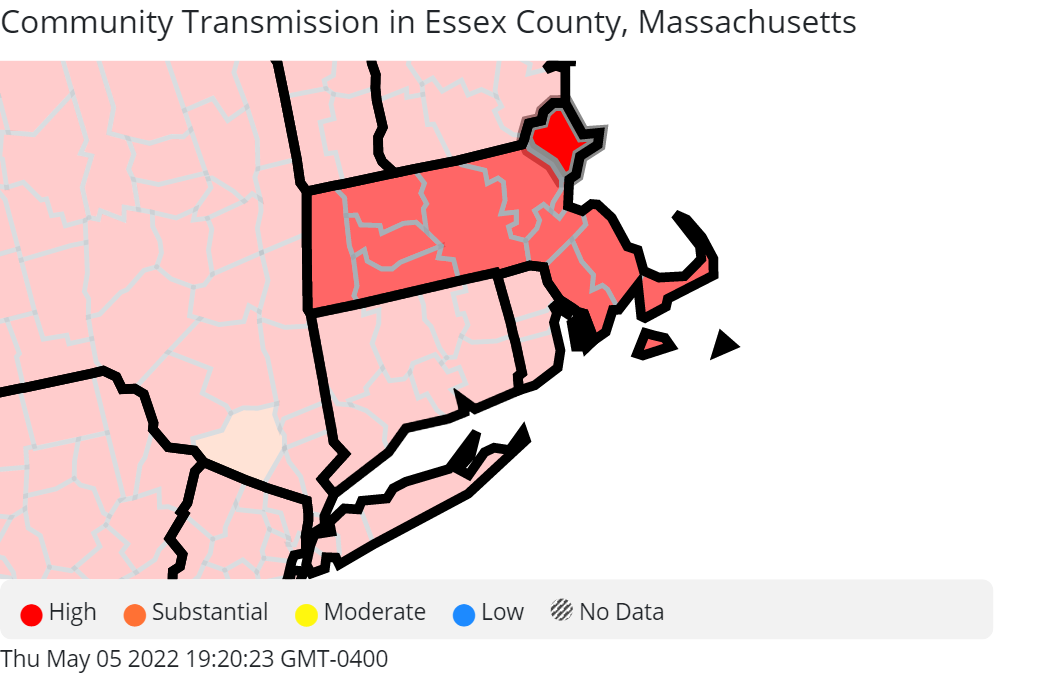 Map of Massachusetts showing community transmission levels