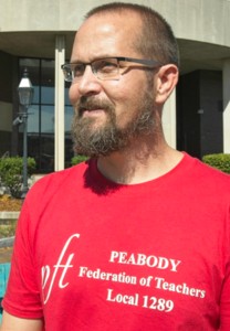 man in red shirt